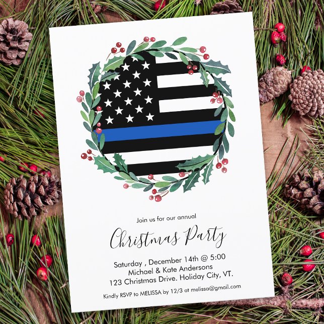 Police Thin Blue Line Wreath Christmas Party Invitation (Creator Uploaded)