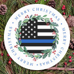 Police Thin Blue Line Wreath Merry Christmas Classic Round Sticker<br><div class="desc">Add the finishing touch to your envelopes, Christmas cards and stationary with this unique police thin blue line flag Merry Christmas sticker- Holiday wreath in a police flag design modern black blue design with holly and berries. This police Christmas sticker is perfect for police officers, law enforcement, and police family....</div>