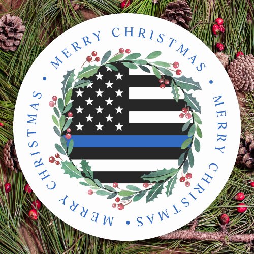 Police Thin Blue Line Wreath Merry Christmas Classic Round Sticker