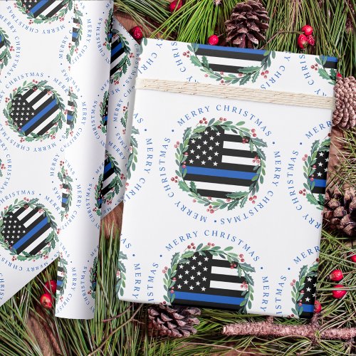 Police Thin Blue Line Wreath Merry Christmas Wrapping Paper