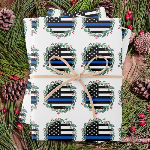 Police Thin Blue Line Wreath Merry Christmas Wrapping Paper Sheets