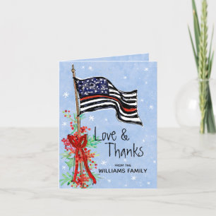 Police Thin Red Line Flag Holly Family Name Letterpress Thank You Card