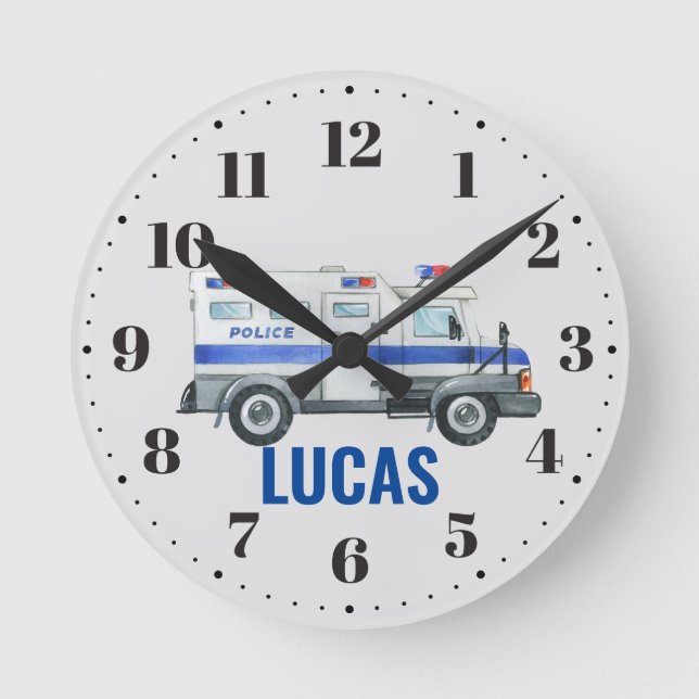 Police Vehicle Boys Bedroom Nursery Decor Round Clock (Front)