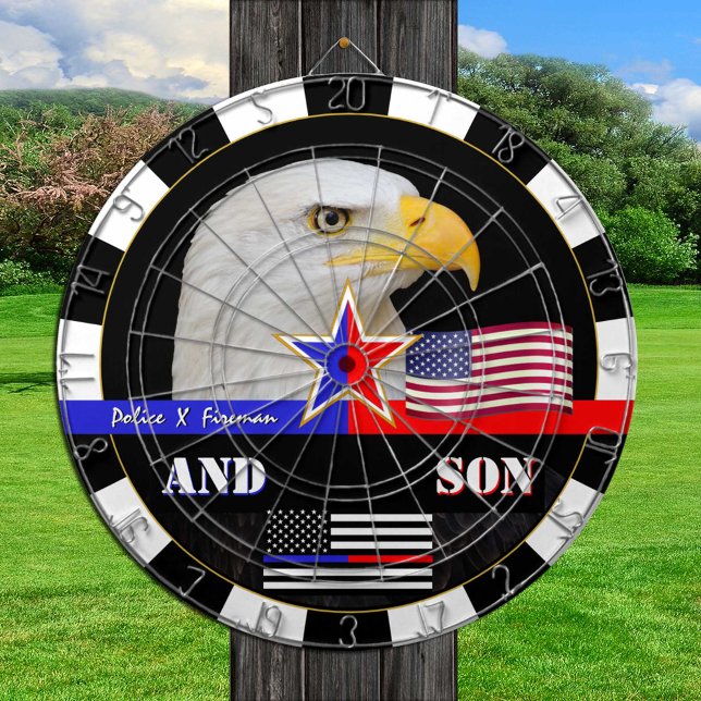 Police vs Fireman & Thin Red / Blue Line, flag USA Dart Board (Creator Uploaded)