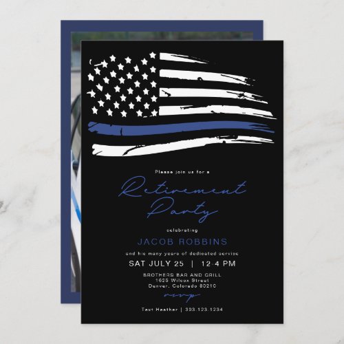 Police Watercolor Thin Blue Line Flag Retirement Invitation