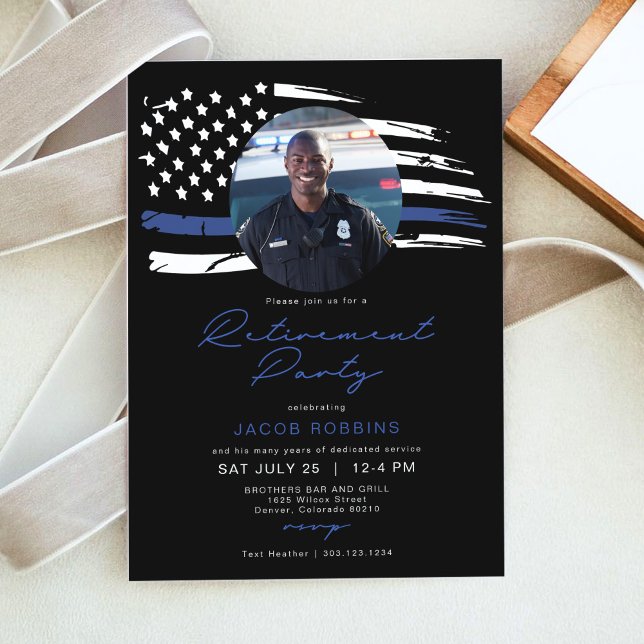 Police Watercolor Thin Blue Line Flag Retirement Invitation (Creator Uploaded)