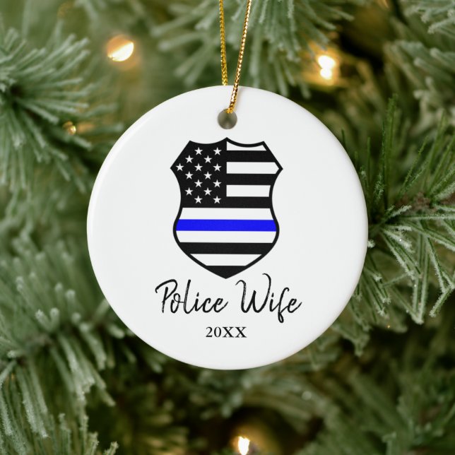 Police Wife Personalized Thin Blue Line Badge Ceramic Ornament (Tree)