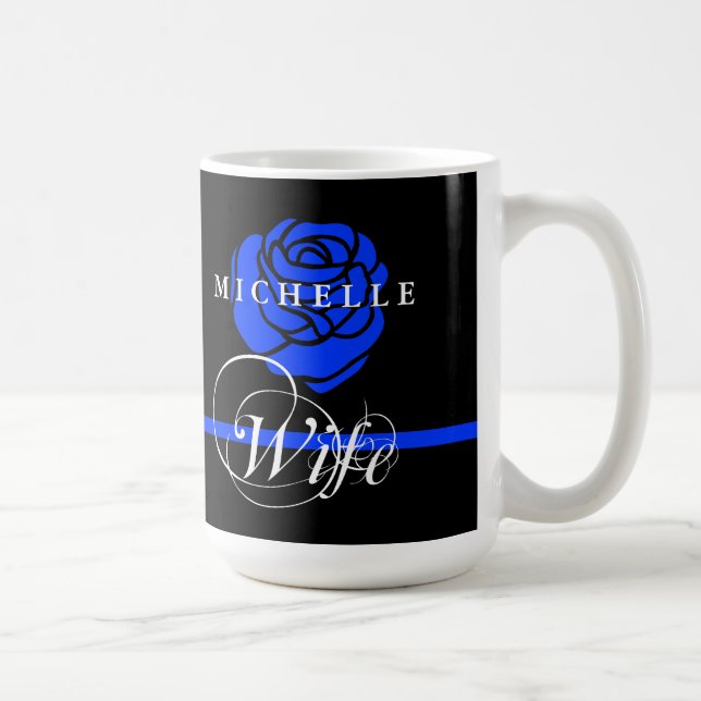Police Wife Thin Blue Line Rose Custom Name Coffee Mug (Right)