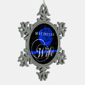 Police Wife Thin Blue Line Rose Custom Name Snowflake Pewter Christmas Ornament (Left)