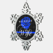 Police Wife Thin Blue Line Rose Custom Name Snowflake Pewter Christmas Ornament (Right)