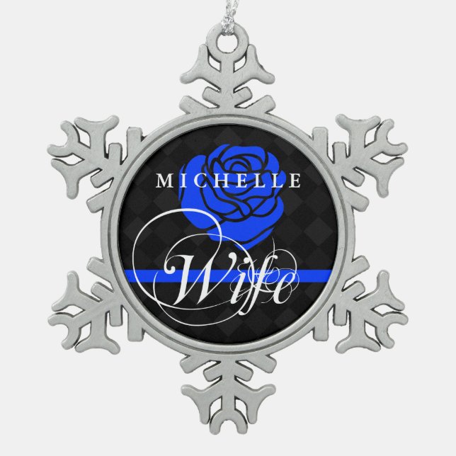 Police Wife Thin Blue Line Rose Custom Name Snowflake Pewter Christmas Ornament (Front)