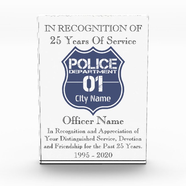 Police Years Of Service Recognition Award Any City (Front)