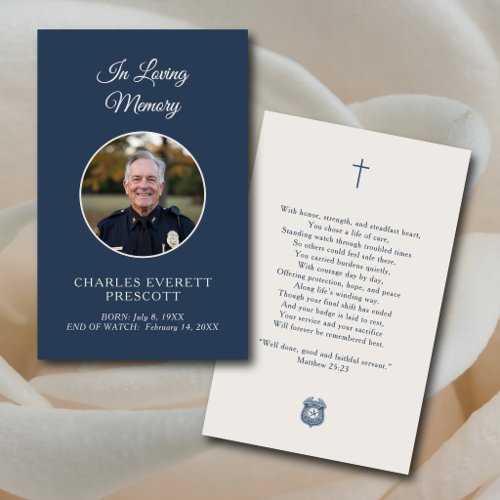 Policeman Memorial Funeral Photo Prayer Blue Business Card