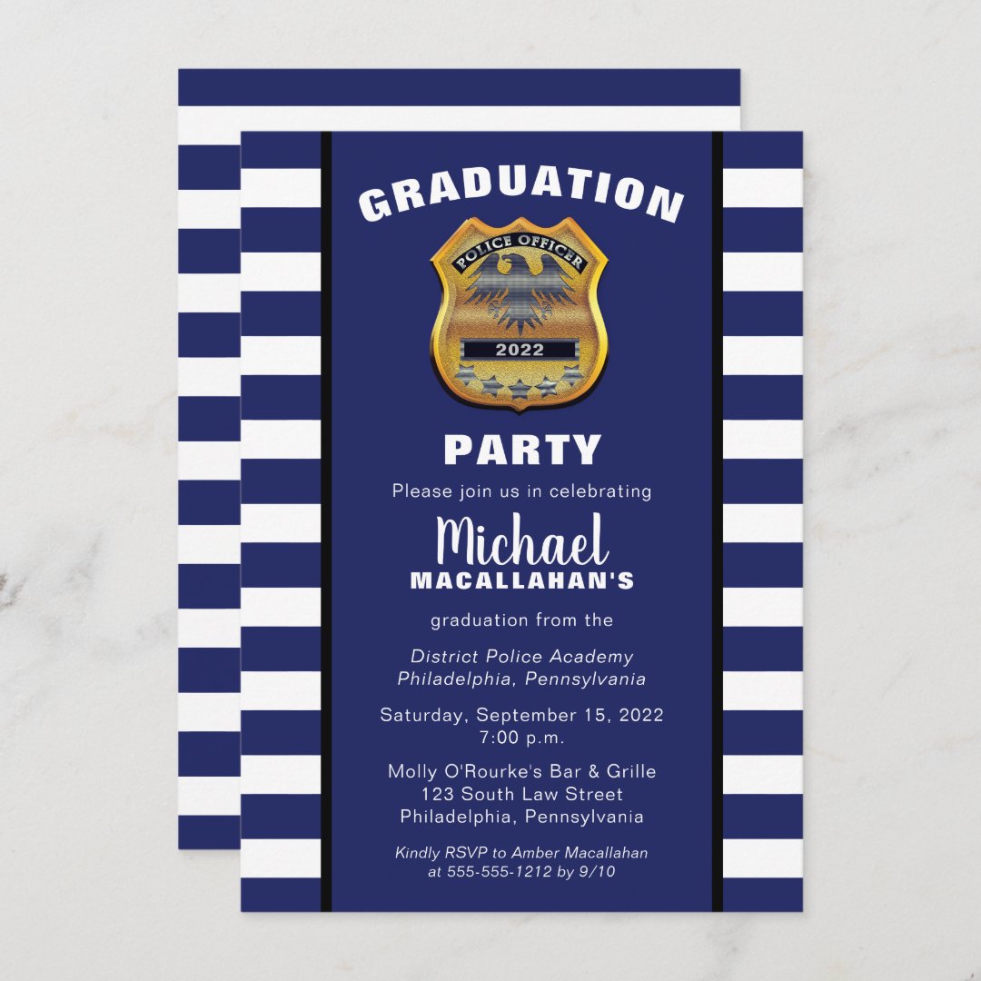 Policeman Police Badge Blue White Graduation Party Invitation | Zazzle