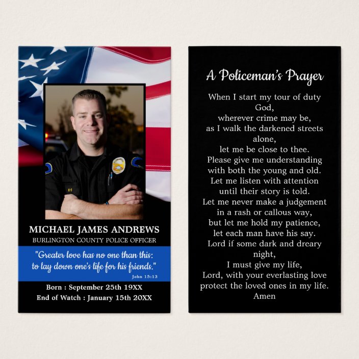 Policeman Prayer Remembrance Memorial Funeral Card | Zazzle.com