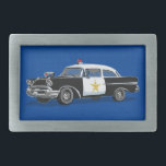 Policeman Vintage Police Car Blue Belt Buckle<br><div class="desc">This belt buckle is a unique gift for police officers and law enforcement. The design features a vintage police car on a blue background. Designed by world renowned artist ©Tim Coffey.</div>