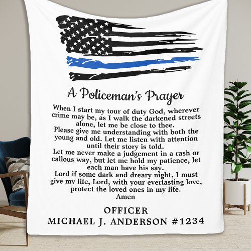Policemans Prayer Thin Blue Line American Flag Fleece Blanket