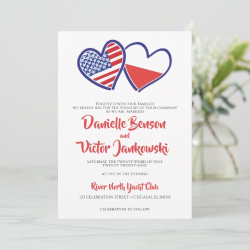 Polish American Heart Flags Wedding Invitation