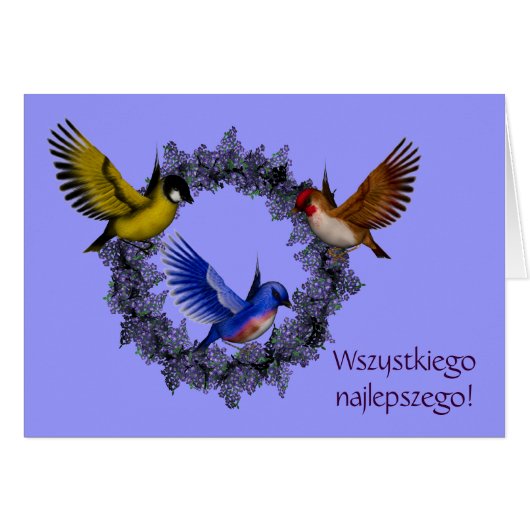 Polish Birthday Card Sto Lat Birds Flower Wreath (Front Horizontal)