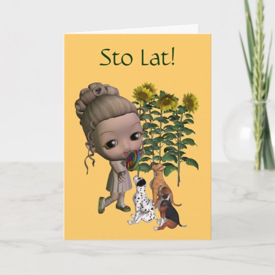 Polish Birthday Card Sto Lat Girl And Puppies | Zazzle.com