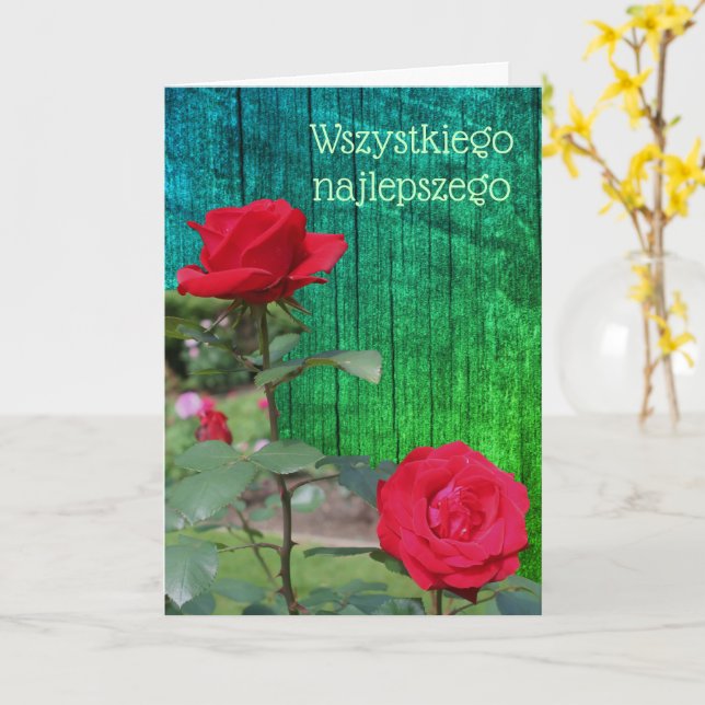 Polish Birthday Sto Lat Red Roses Card (Yellow Flower)