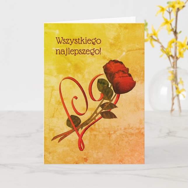 Polish Birthday Sto Lat Red Roses Heart Card (Yellow Flower)