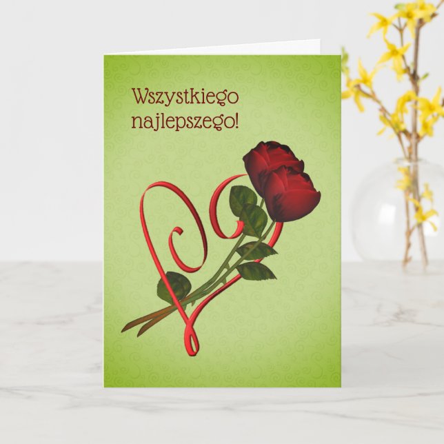 Polish Birthday Sto Lat Red Roses Heart Card (Yellow Flower)