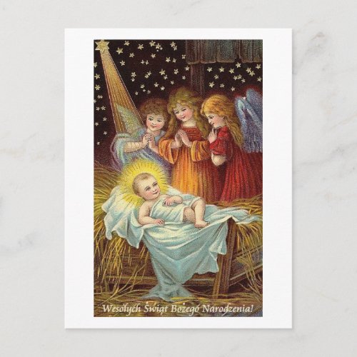POLISH CHRISTMAS CARD WITH ANGELS AND BABY JESUS