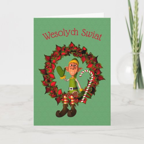Polish Christmas Greeting Card Elf On Wreath