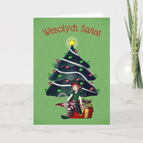 Polish Christmas Greeting Card Girl Elf Tree