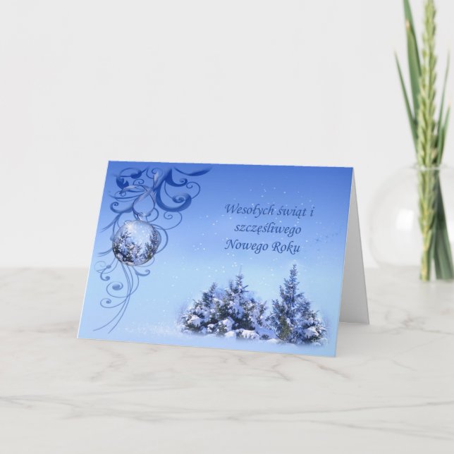 Polish Christmas - snowy fir trees, baubles, swirl Holiday Card (Front)