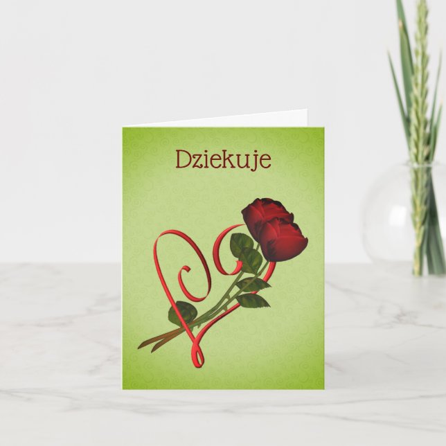 Polish Dziekuje Thank You Red Roses Heart Card (Front)