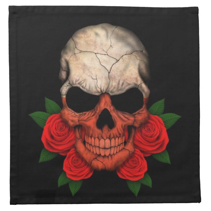 Polish Flag Skull with Red Roses Cloth Napkins