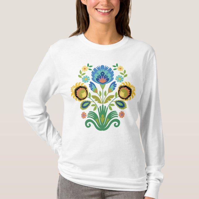 Polish Floral Azure Blue Papercut Design T-Shirt (Front)