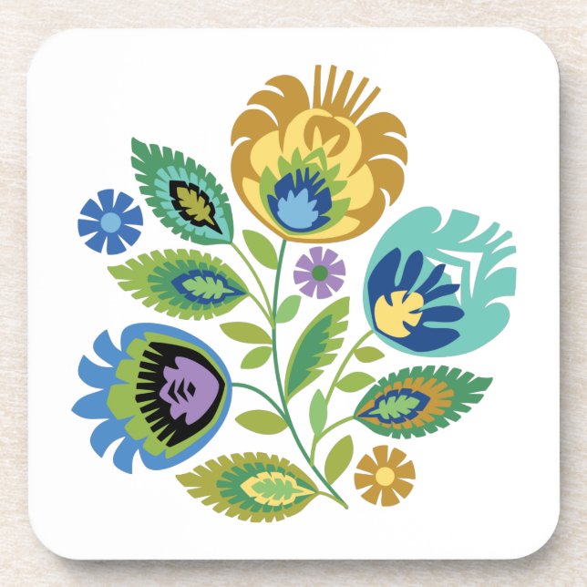 Polish Floral Yellow Ochre Papercut Design Beverage Coaster (Front)