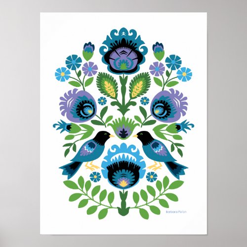 Polish Folk Art Blue Birds Poster