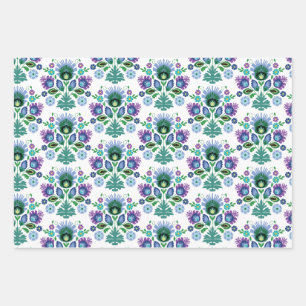 Polish Folk Art Light Blue Flower Wrapping Paper Sheets