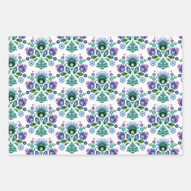 Polish Folk Art Light Blue Flower Wrapping Paper Sheets (Front)