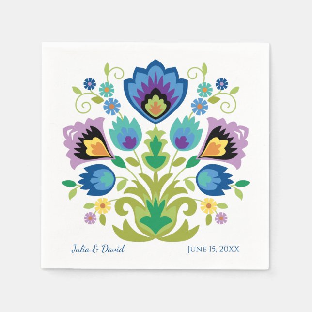 Polish Folk Flowers Blue Lavender Napkins (Front)