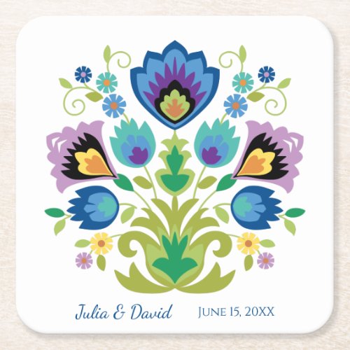 Polish Folk Flowers Blue Lavender Paper Coaster