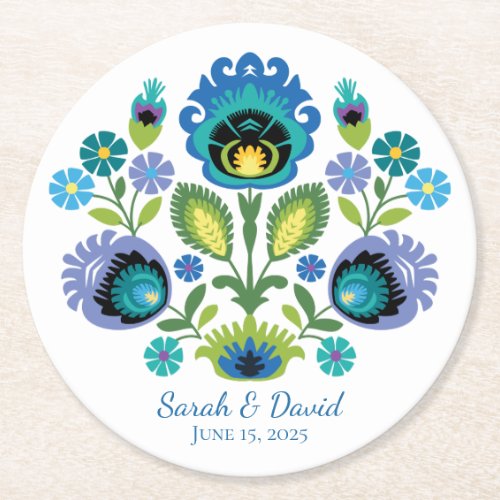 Polish Folk Flowers Blue Teal Round Paper Coaster