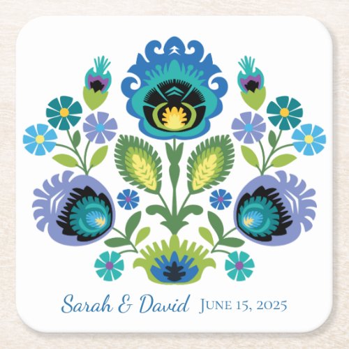 Polish Folk Flowers Blue Teal Square Paper Coaster
