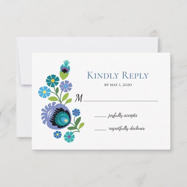 Polish Folk Flowers Blue Teal Wedding RSVP Card (Front)