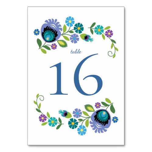 Polish Folk Flowers Blue Teal Wedding Table Number