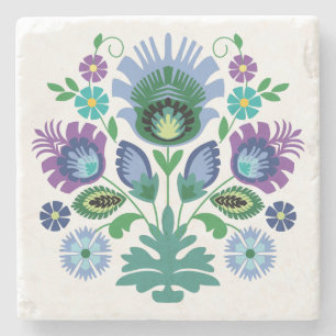 Polish Folk Flowers Light Blue Stone Coaster