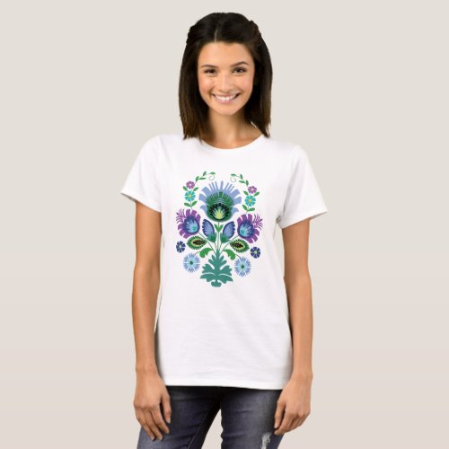 Polish Folk Flowers Light Blue T_Shirt