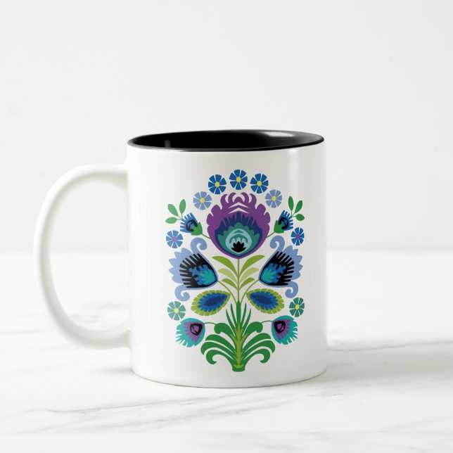 Polish Folk Flowers Purple Two-Tone Coffee Mug (Left)