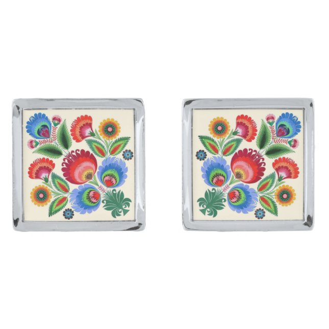 Polish Folk Flowers Silver Cufflinks (Front)