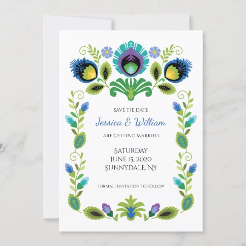 Polish Folk Flowers Teal Save the Date Card