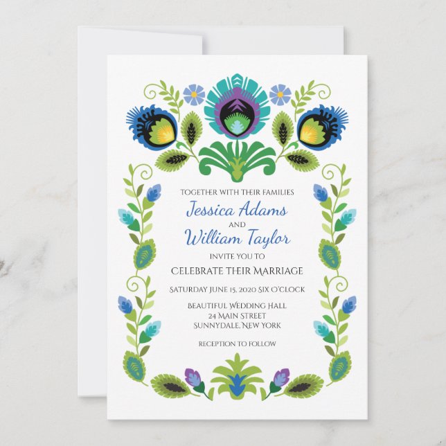 Polish Folk Flowers Teal Wedding Invitation (Front)